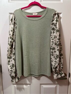 Sage Green Ruffle-Sleeve Knit Top with Floral Sleeves